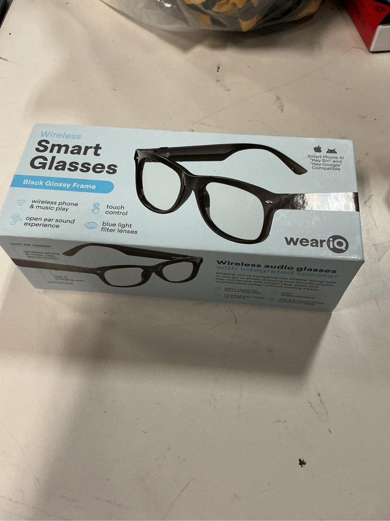 Condition photo showing New/Like New for weariq bluetooth smart glasses – shiny black audio sunglasses – black polarized lenses, open-ear speaker, 10-hour playtime, hands-free calls, voice assistanthands-free calls & music
