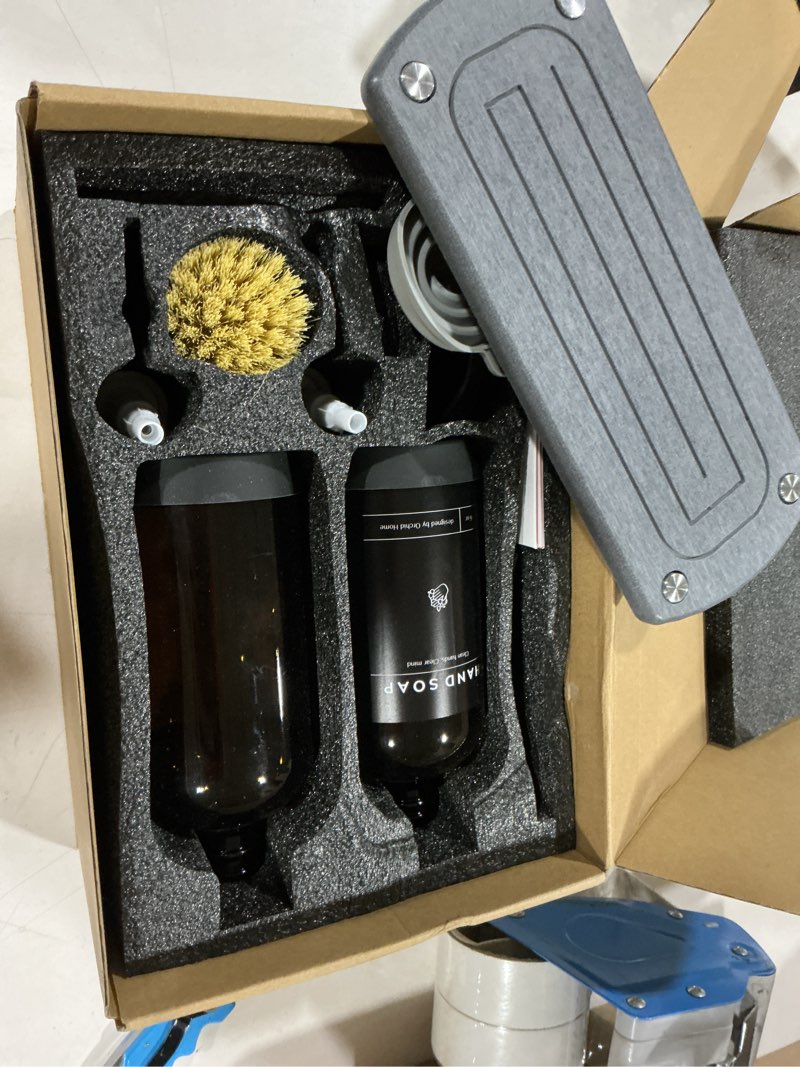 Condition photo showing Good Condition for [luxury] kitchen soap dispenser set - 16oz amber glass bottle, stainless steel pump, instant dry tray, waterproof labels, non-slip silicone pad, and dish brush | upgrade for your kitchen and bathroom amber bottle + black pump