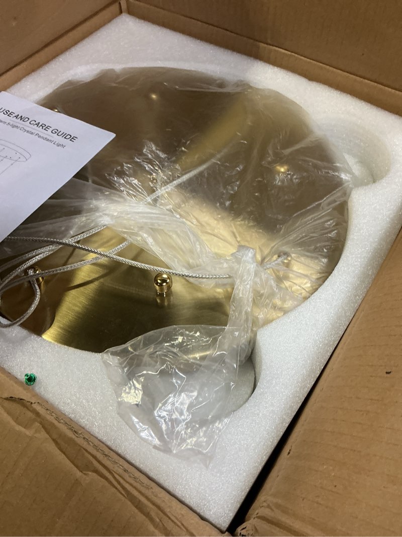 Condition photo showing Good Condition for 5 Lights Crystal Pendant Light, 25W Gold Dimmable LED Teardrop Cluster Pendant Lighting Fixture for Dining Room Kitchen Living Room Foyer Hallway Bedroom 3000k Warm White Gold-3000K-5 Light