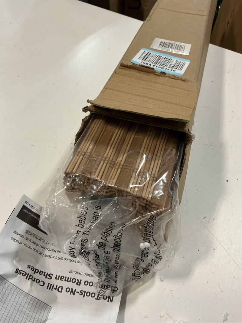Condition photo showing Good Condition for lazblinds no tools no drill cordless bamboo roman shades, light filtering window treatment, roll up bamboo blinds for windows 34'' w x 64'' h, brown light filtering-brown206 34" w x 64" h