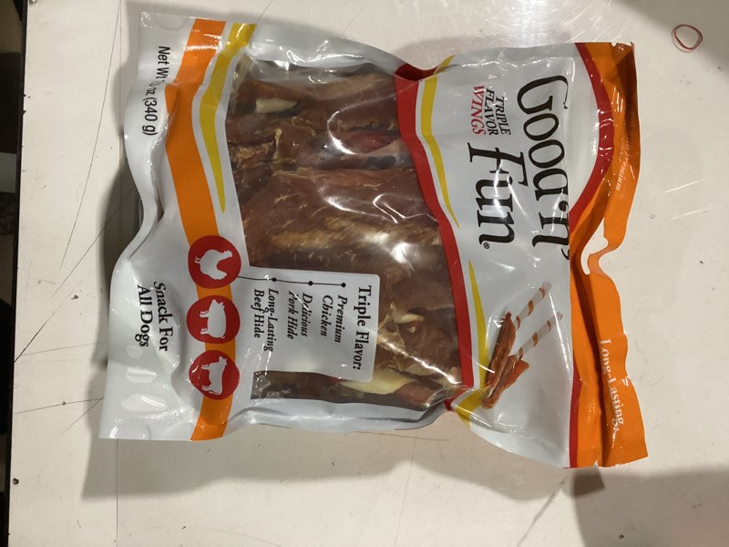 Condition photo showing New/Like New for good  n  fun triple flavor wings snack for all dogs  12.0 oz