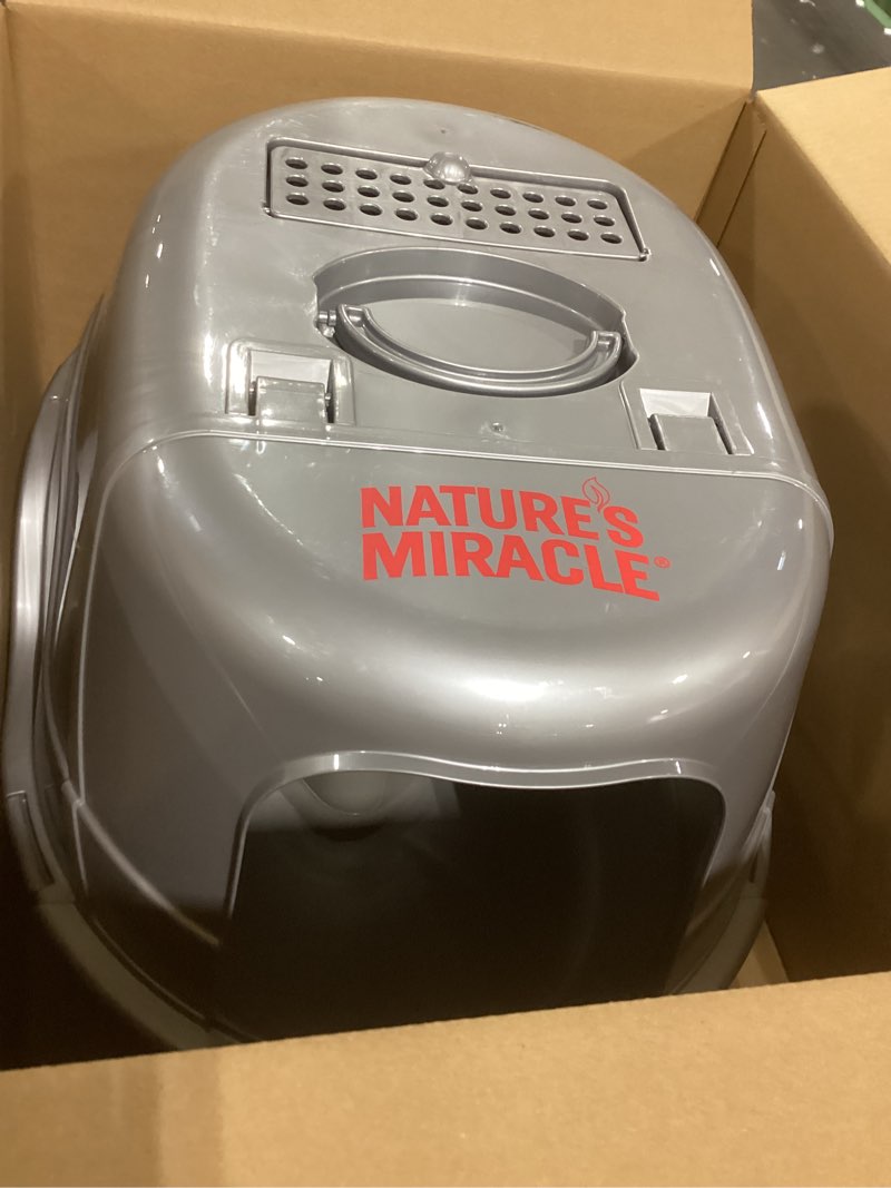 Condition photo showing Good Condition for Nature’s Miracle Hooded Flip Top Litter Box for Cats, With Built-In Odor Control Charcoal Filter Silver/Grey