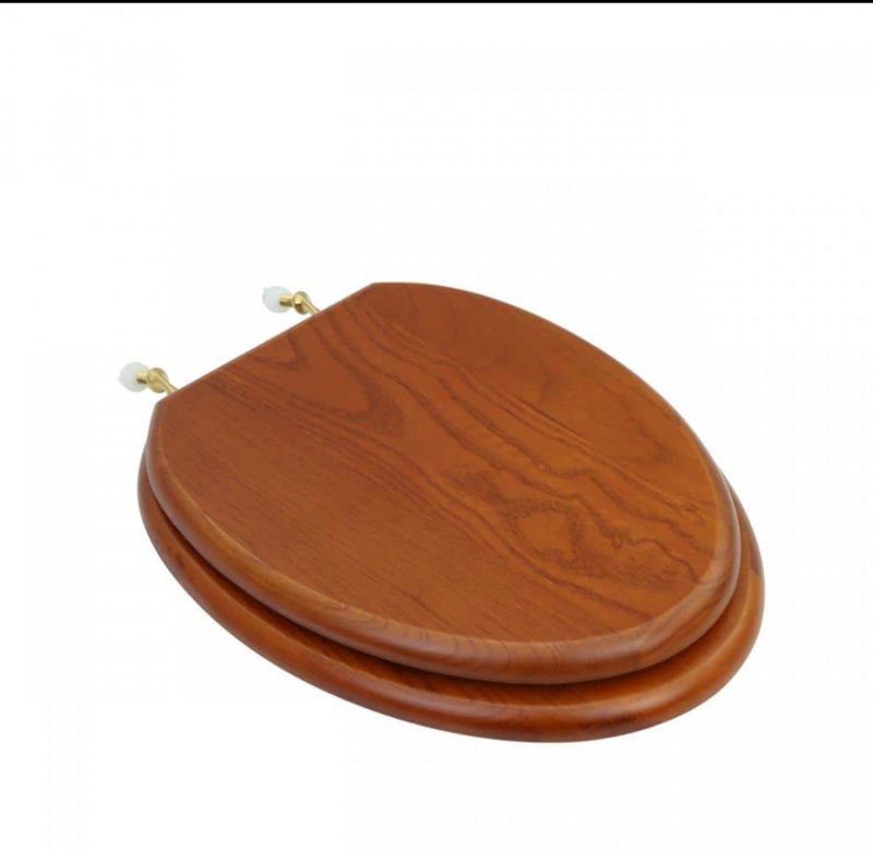 Renovators Supply Manufacturing Light Mahogany Wooden Toilet Seat Elongated Toilet Seat With Brass PVD Hinges And Non Slip Bumper