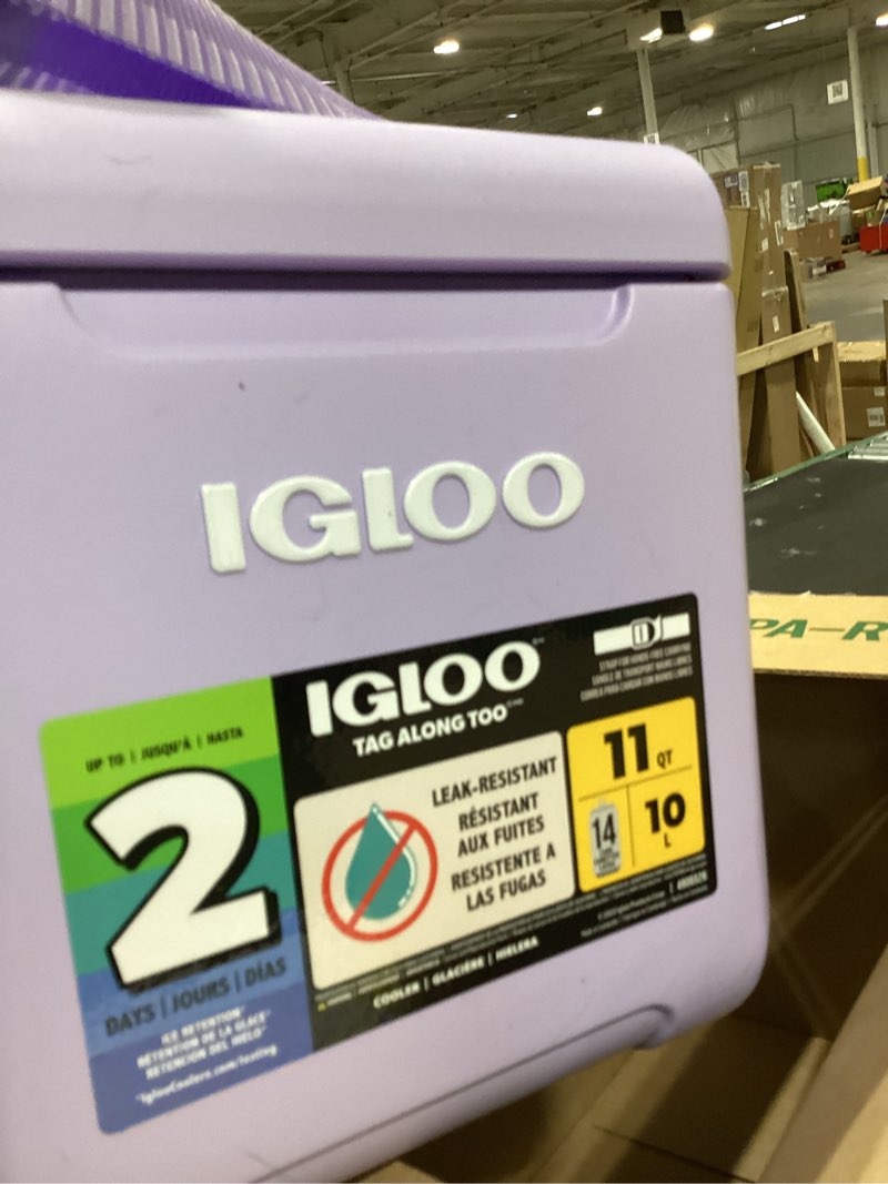 Condition photo showing As Is for igloo tag along too coolers | insulated hard shell picnic style cooler | rolling ice chest lilac tag along too
