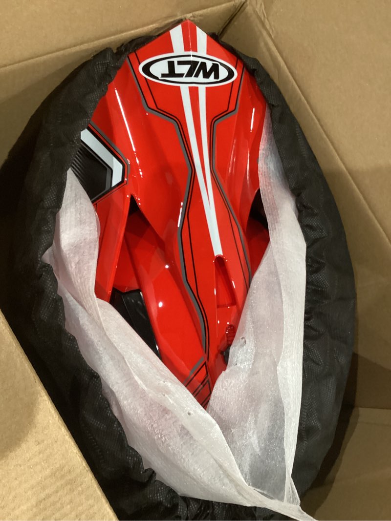 Condition photo showing New/Like New for adult motocross dirt bike helmet with goggle, gloves & mask - dot/fmvss-218 off-road motorcycle & atv helmet with adjustable sun visor red black x-large