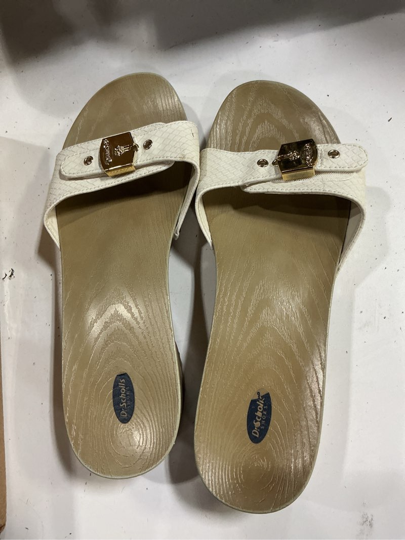 Condition photo showing As Is for dr. scholl's shoes women's classic sandal faux wood slide sandal 8.5 gardenia white snake print