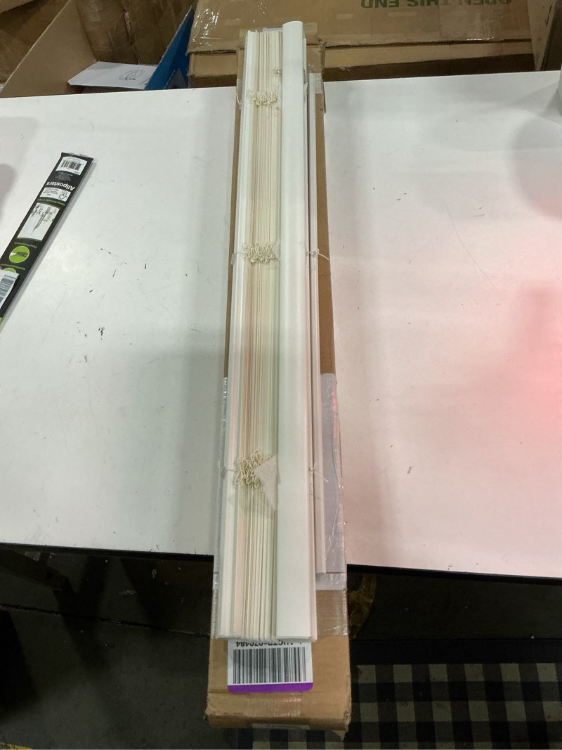 Condition photo showing New/Like New for chicology cordless mini blinds, 1 inch vinyl window blinds, room darkening & privacy, easy install with adhesive brackets, child safe, for windows, doors & campers, alabaster,34" w x 72" h 34"w x 72"h alabaster (commercial grade)