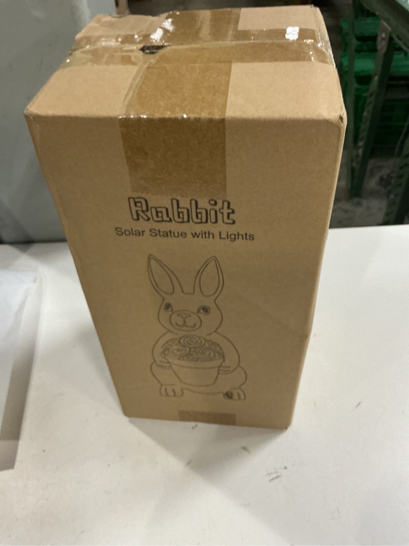 Condition photo showing New/Like New for brightever solar powered outdoor garden statues- rabbit with flowers and 5 colorful led lights, 11.8in outdoor figurine lights, solar garden bunny statue for mom, women, female flower pot 11.8inch
