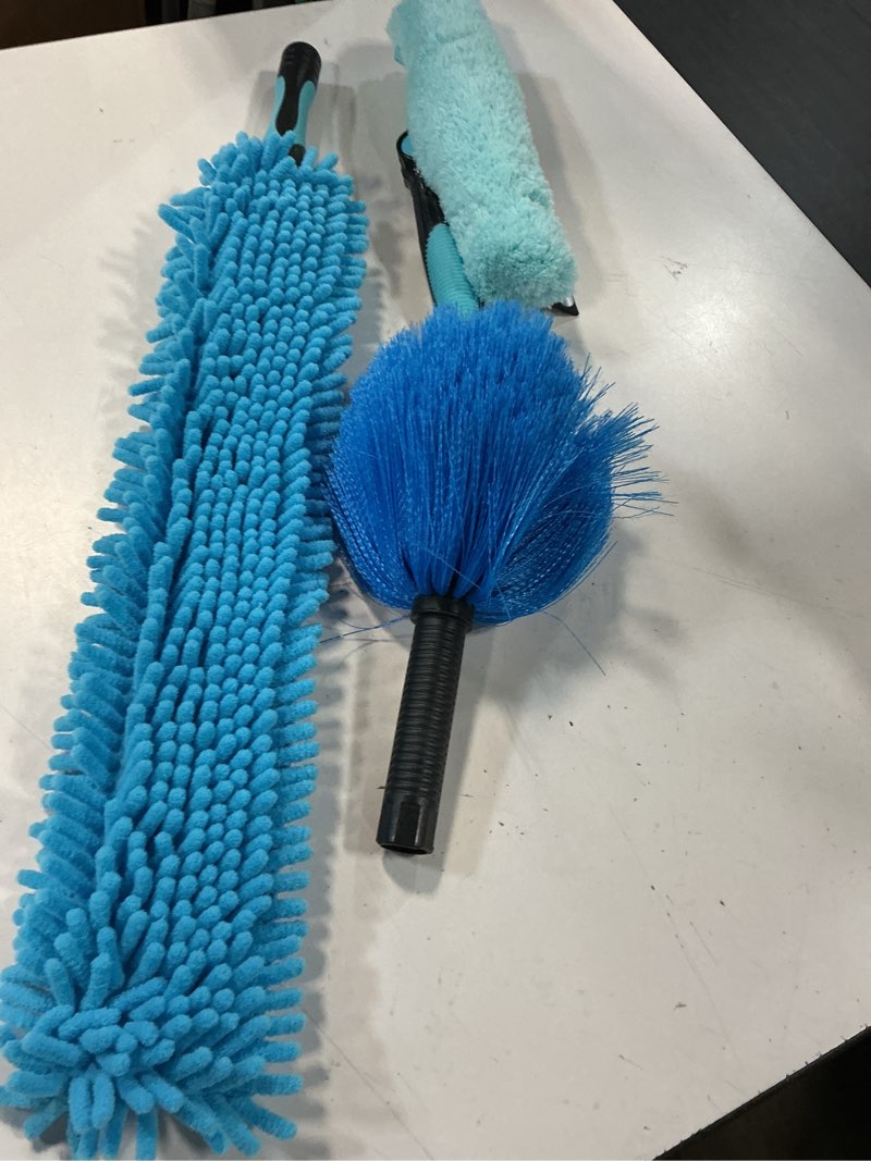 Condition photo showing As Is for 20 foot painted wall cleaner mop with 12 ft heavy duty extension pole, 3-in-1 high ceiling cleaning tool with 4 microfiber chenille pad, cobweb duster, fan, baseboard, window squeegee kit (12ft)