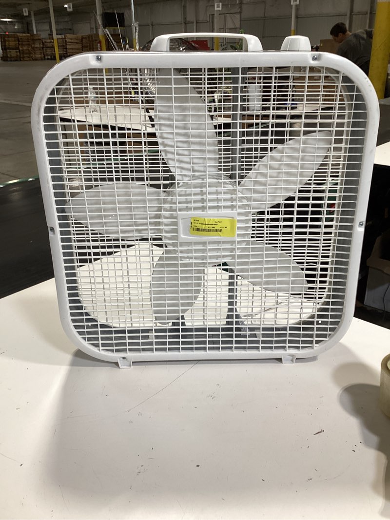 Condition photo showing As Is for 20 inch white box fan with carry handle, 3 speed
