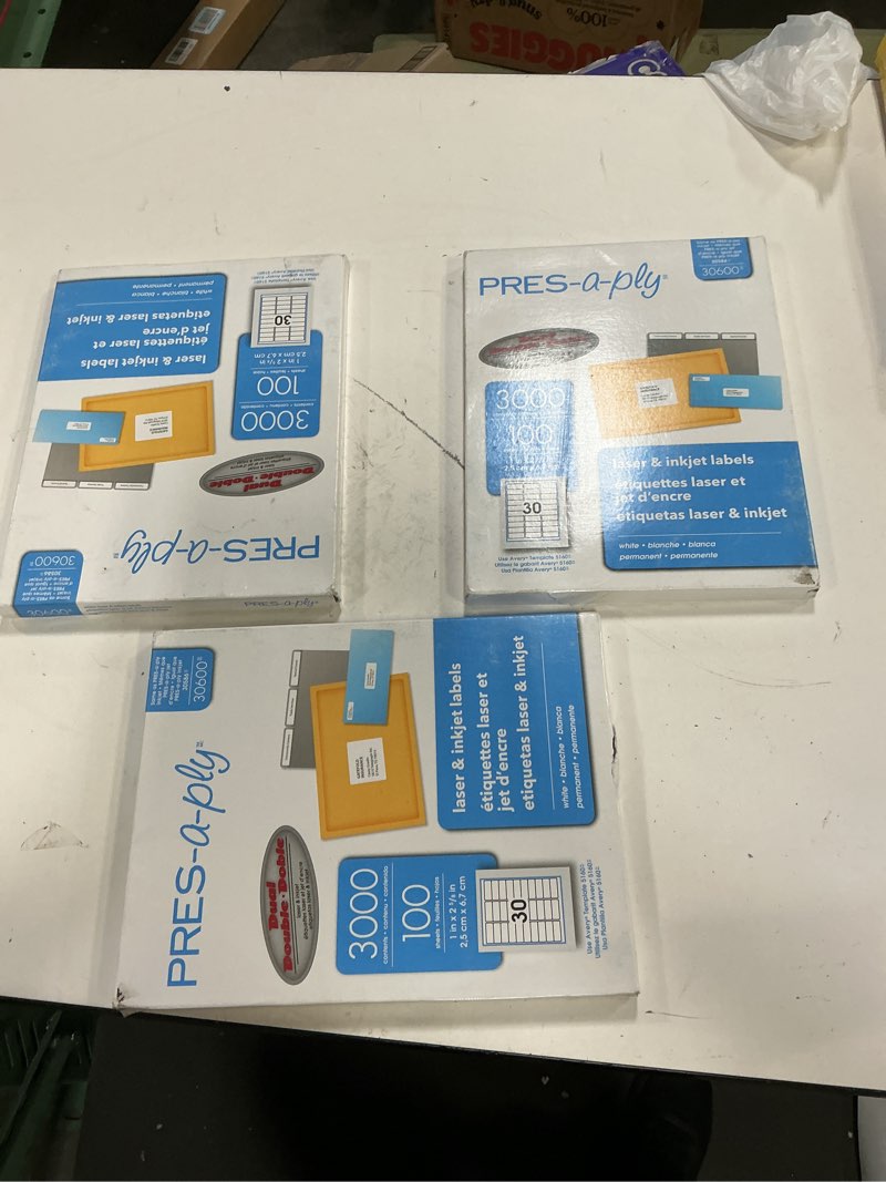 Condition photo showing Good Condition for ( 3 pack ) pres-a-ply laser address labels, 1 x 2-5/8, white, 3000/box 1 x 2-5/8 inches