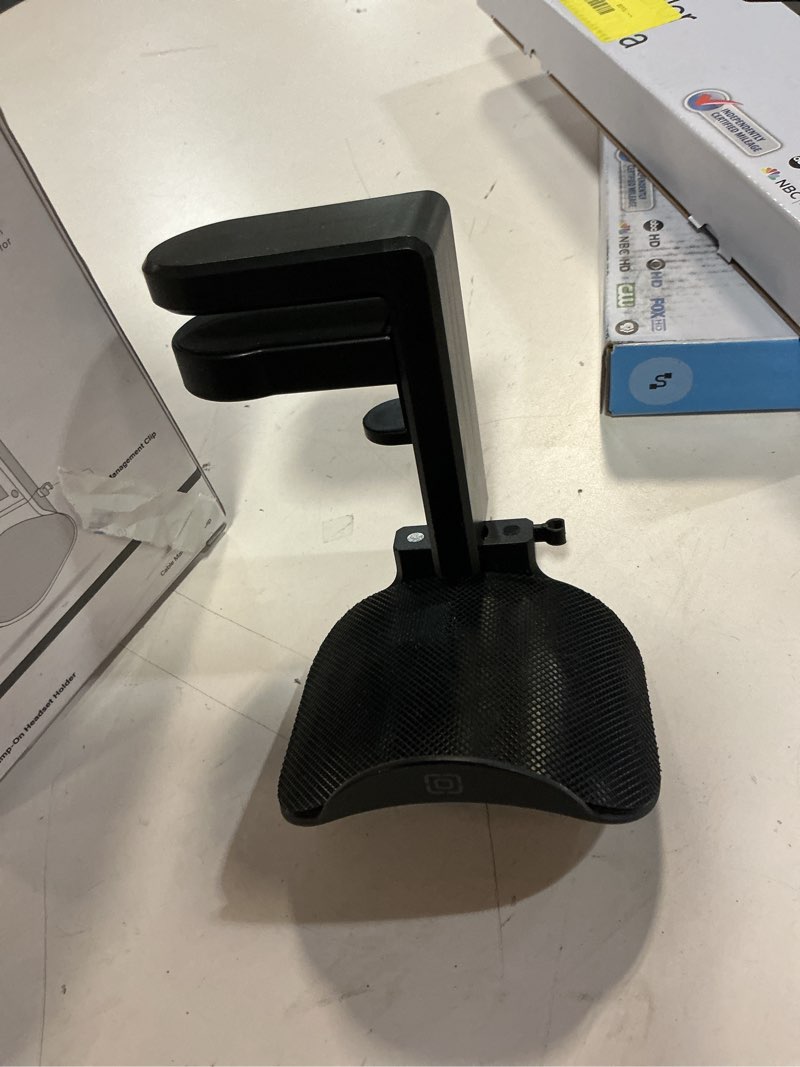 Condition photo showing Good Condition for pc gaming headset headphone hook holder hanger mount, headphones stand with adjustable & rotating arm clamp, under desk design, universal fit, built in cable clip organizer eurpmask