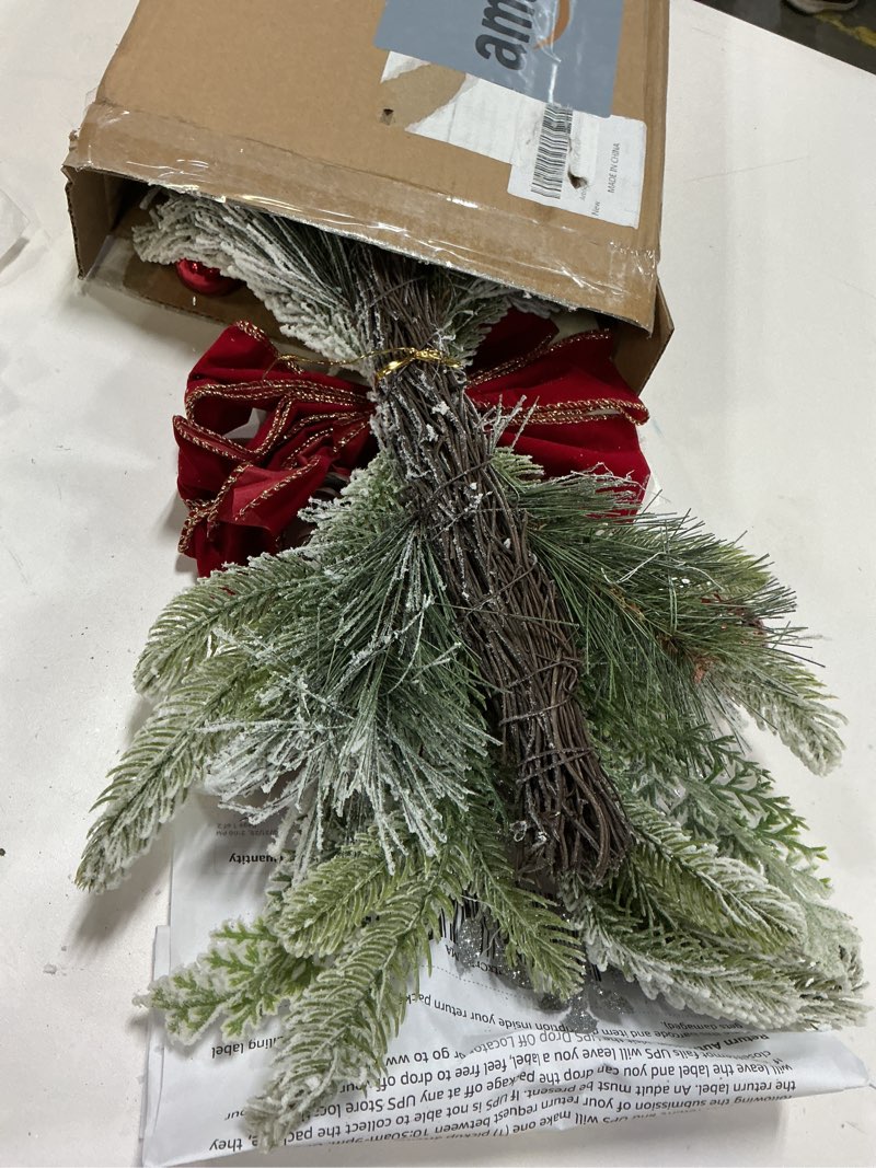 Condition photo showing Good Condition for 1 pcs Artificial Christmas Swag Cordless Prelit Teardrop Swags Christmas Wreath with Lights Rustic Stair Garland with Christmas Ball 30Light Christmas Swags Staircase Mailbox Front Door Wall Decorations (A)