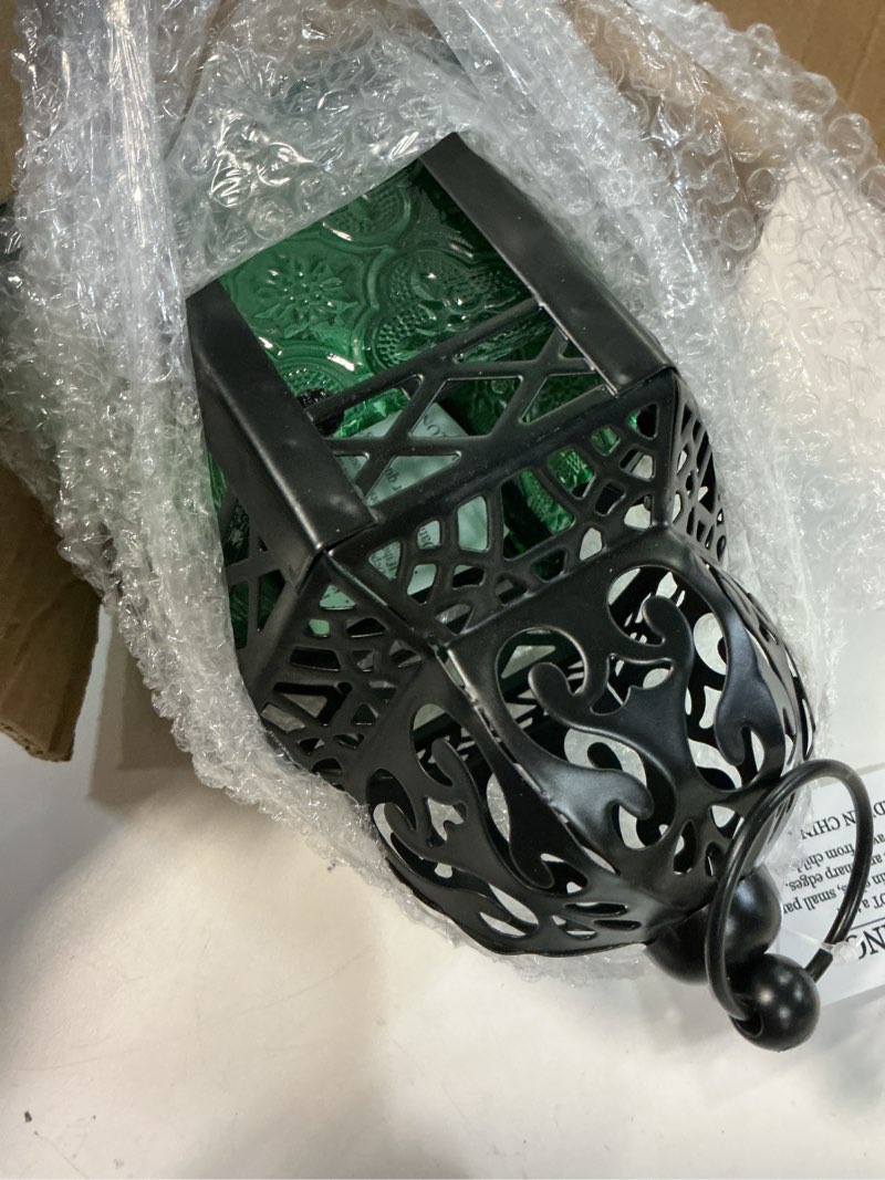 Condition photo showing Good Condition for Small Black Metal Decorative Moroccan Lantern Candle Holder Lamp - Indoor/Outdoor, Home Decor, Patio, Halloween, Weddings, Christmas, Green Small Green 1