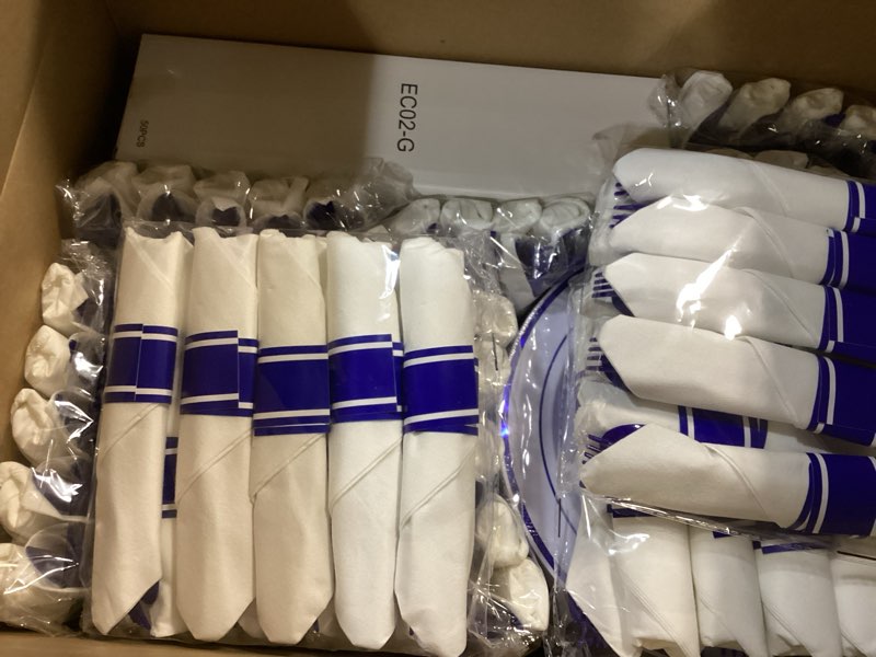 Condition photo showing New/Like New for WELLIFE 700 Pcs Blue Plastic Plates for 100 Guests - Plastic Dinnerware Set,Party Supplies Includes 200 Blue Disposable Plates,300 Silverware,100 Napkins,100 Cups Blue 700PCS?100Guests?