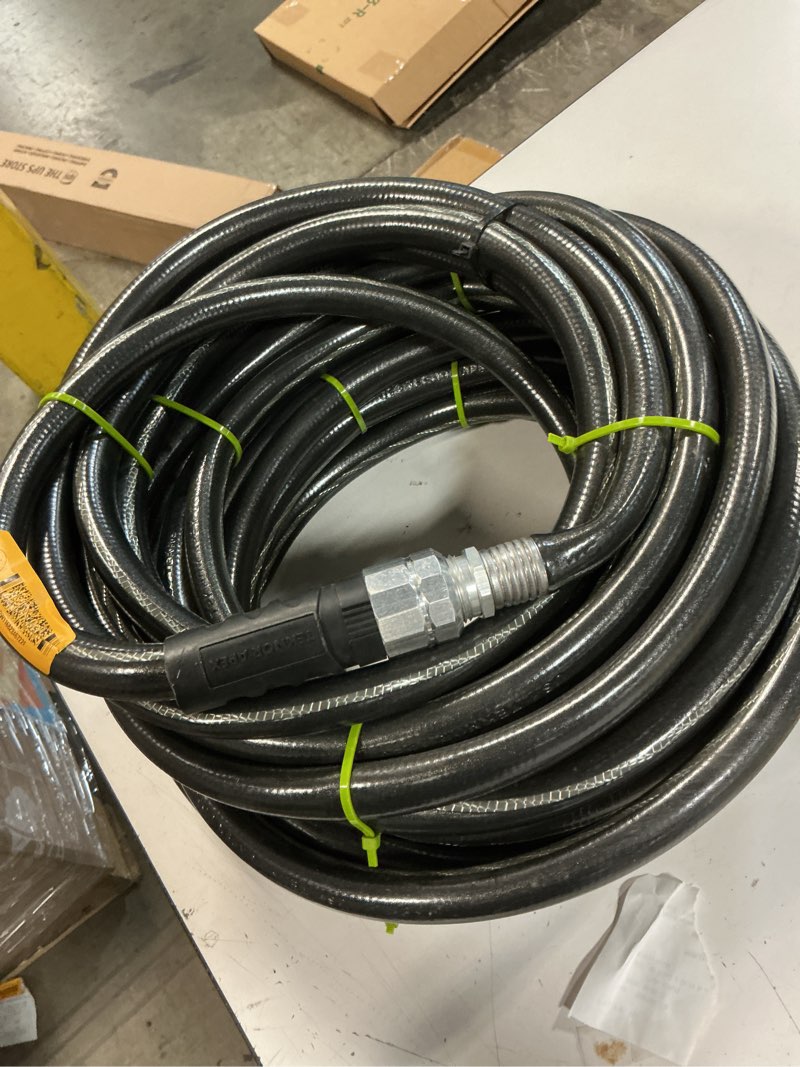 Condition photo showing As Is for interchange brands 3/8” x 50ft 4000 psi high pressure washer hose gray non-marking, steel braid, quick couplers, 275 max temp, assembled in usa