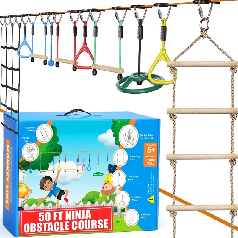 hyponix ninja warrior obstacle course for kids up to 880 lbs - 50 ft - 10 durable obstacles & weatherproof | obstacles designed for kids | setup on trees or posts | ninja course for kids outside