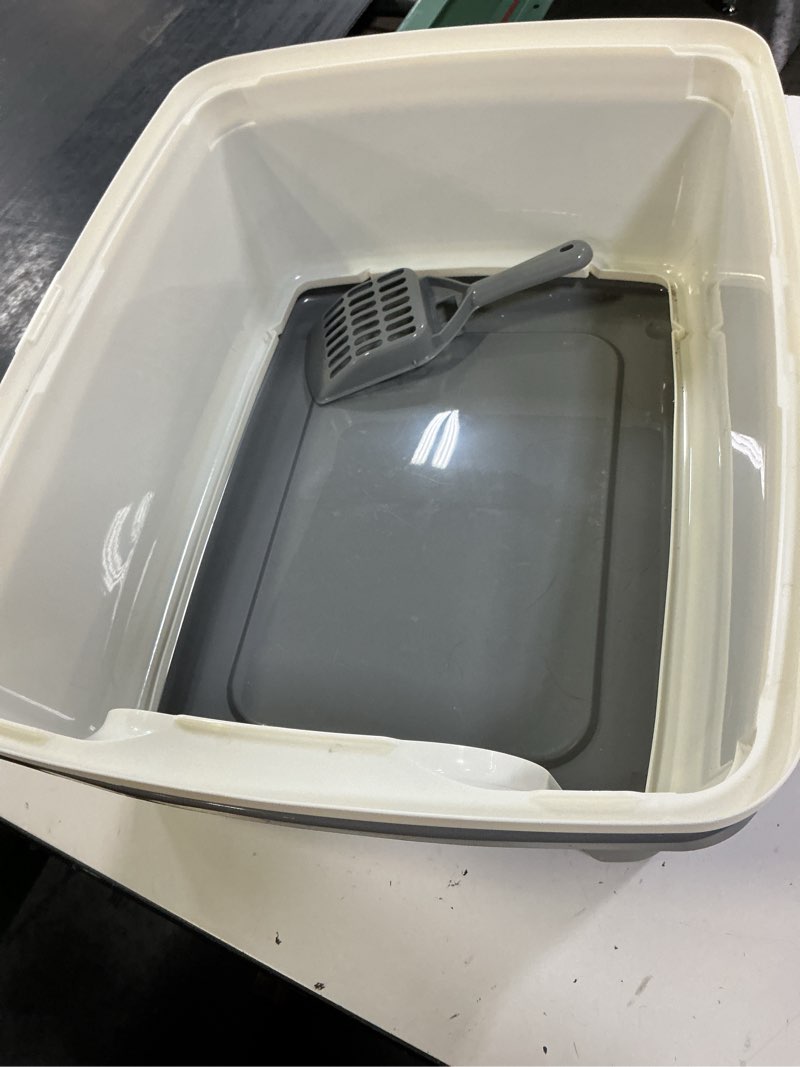 Condition photo showing As Is for amazon basics large cat litter box with high sides, open top, includes scoop, 19 x 15 x 11.75 inches, grey/beige