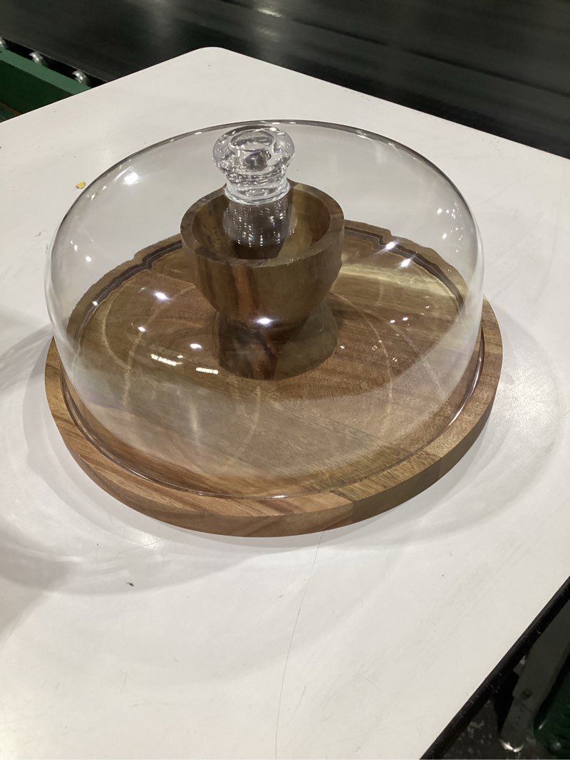 Condition photo showing Good Condition for Acacia Wood Cake Stand with Lid, 2-In-1 Cake Plate with Lid, 12in Round Dessert Table Display Set, Raise Dome for Charcuterie Board, Cheese, Chips & Dips, Nachos, Fruit Platter (12in)