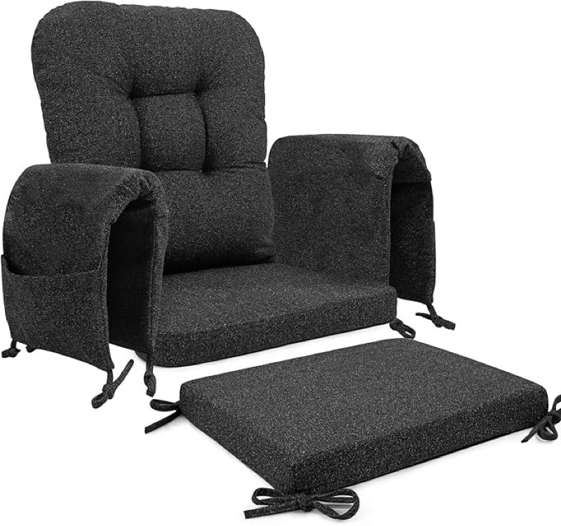 sinosso glider rocker cushion set (5 pcs), soft blended fabric high-density support foam seat cushions with ties, fits rocking chair/nursery glider & ottoman, black-gray
