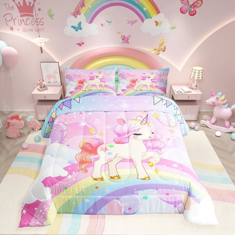 Unicorn Girls Bedding Set Queen  Kawaii Cute Rainbow Unicorn Comforter Set Cartoon Horse Quilt Comforter Kids Children Galaxy Stars Magical Pink Unicorn Animal Room Decor 1 Comforter +1 Pillowcase Queen 