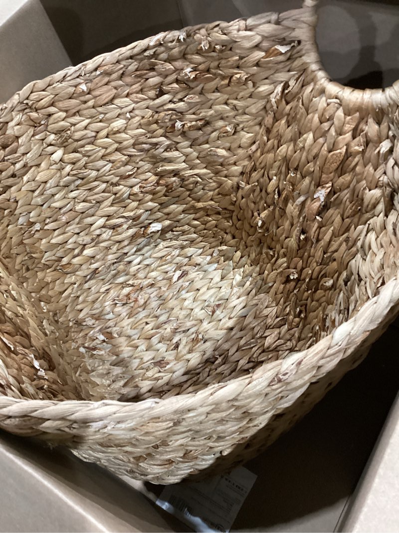 Condition photo showing As Is for deco 79 seagrass handmade decorative and functional storage basket large woven basket organizer with ring handles, basket for storage 20" x 18" x 19", brown 20" x 18" x 19" brown
