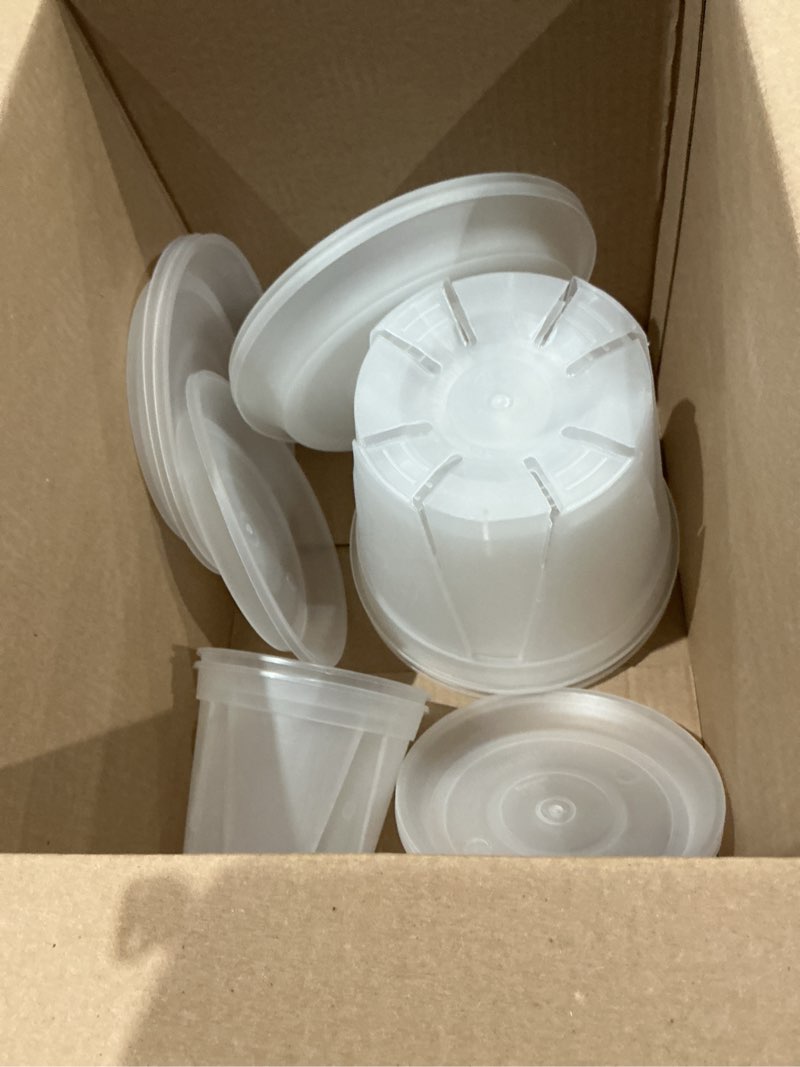 Condition photo showing Good Condition for large clear nursery pots for plants with saucers,10 pcs 9.5/8.3/7/6/5 inch thick plastic nursery pots for plants with drainage holes for monstera,aroid 5/6/7/8/9inch with saucers