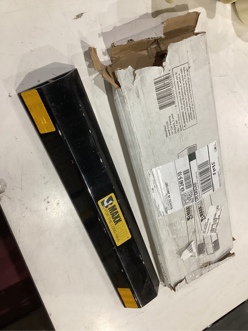 Condition photo showing As Is for maxxhaul 51035 18 in. heavy duty car parking stoppers  easy install 18\\\" x 1.25\\\" x 3.5\\\" for garage and outdoor car suv truck eco friendly material reflective strips