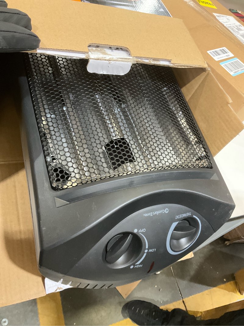 Condition photo showing As Is for Comfort Zone Space Heaters for Indoor Use, Portable Electric Heater, Adjustable Thermostat, Infrared Heat, Quartz Tower Space Heater with 2 Heat Settings, Bedroom Heater, Black