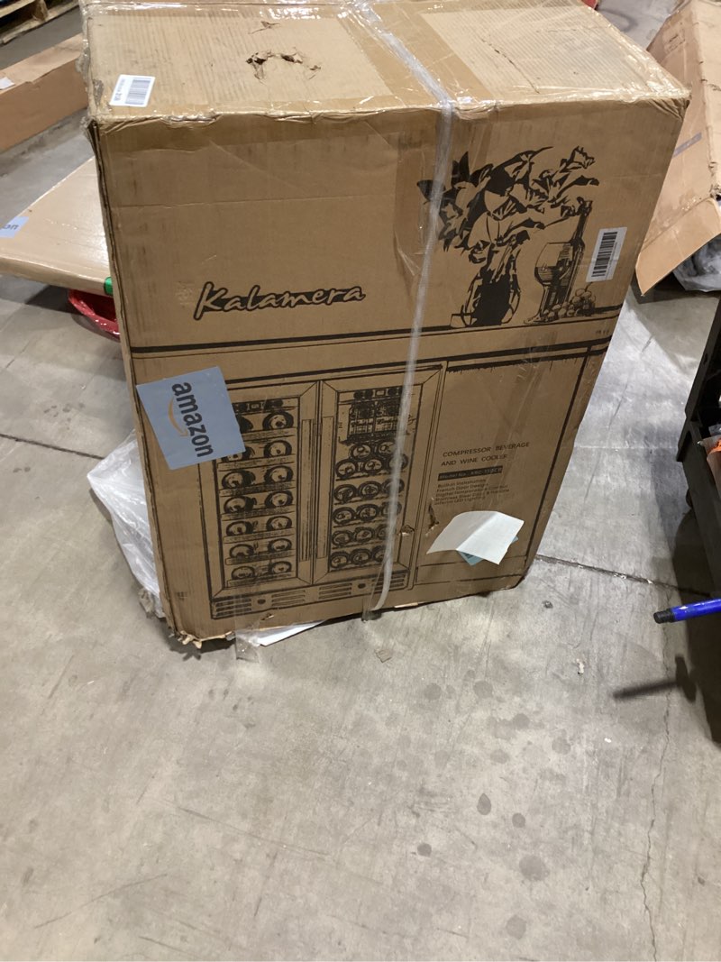 Condition photo showing New/Like New for untestedkalamera 24 inch wine fridge hold 21 bottles and 75 cans,dual zone wine and beverage refrigerator,built-in or freestanding with blue led light,for home/bar/office 24 inch / 20 bottles & 78 cans dual zone black