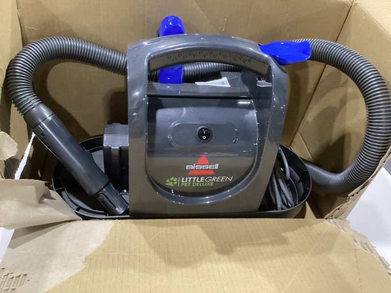 Condition photo showing As Is for bissell little green pet deluxe portable carpet cleaner and car/auto detailer, 3353, gray/blue little green deluxe, not tested, missing parts