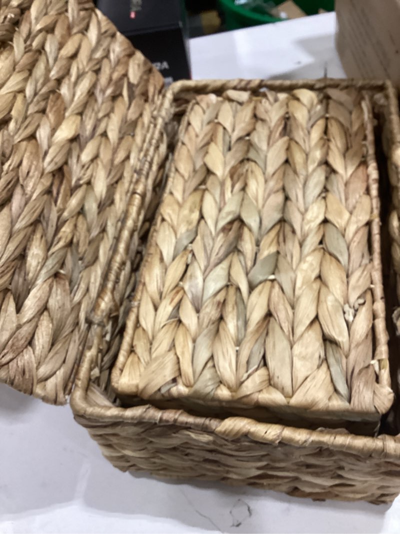 Condition photo showing Good Condition for decorative storage boxes with lids - set of 2 beautiful wicker organizer bins for your shelves & home decor - safely store your photos, documents, and memory box keepsakes in a stylish rattan design