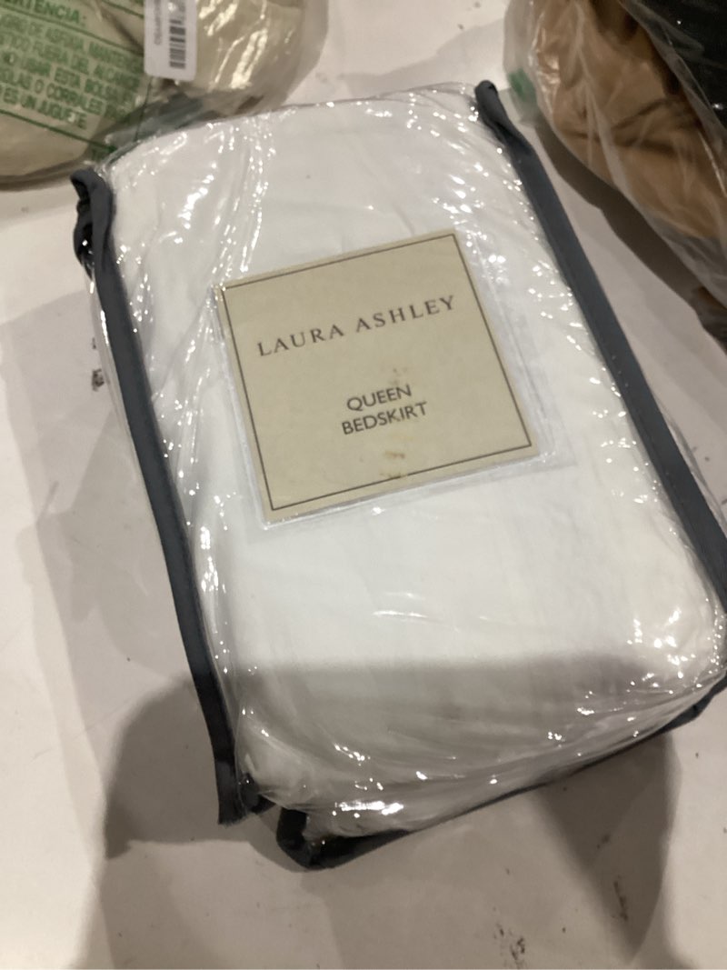Condition photo showing As Is for laura ashley – queen size ruffled bed skirt, lightweight cotton sateen bedding with crochet trim & 14.5" drop, college dorm room essentials (white)