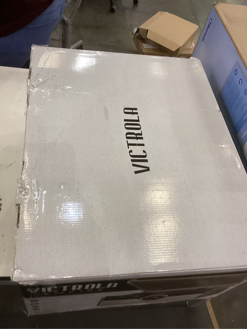 Condition photo showing As Is for Victrola The Empire Mid-Century 6-in-1 Turntable & Multimedia Center with Built-in Speakers – 3 Speed, Bluetooth Connectivity, Radio, Cassette & CD Player, RCA Out, Headphone Jack (Farmhouse Walnut)