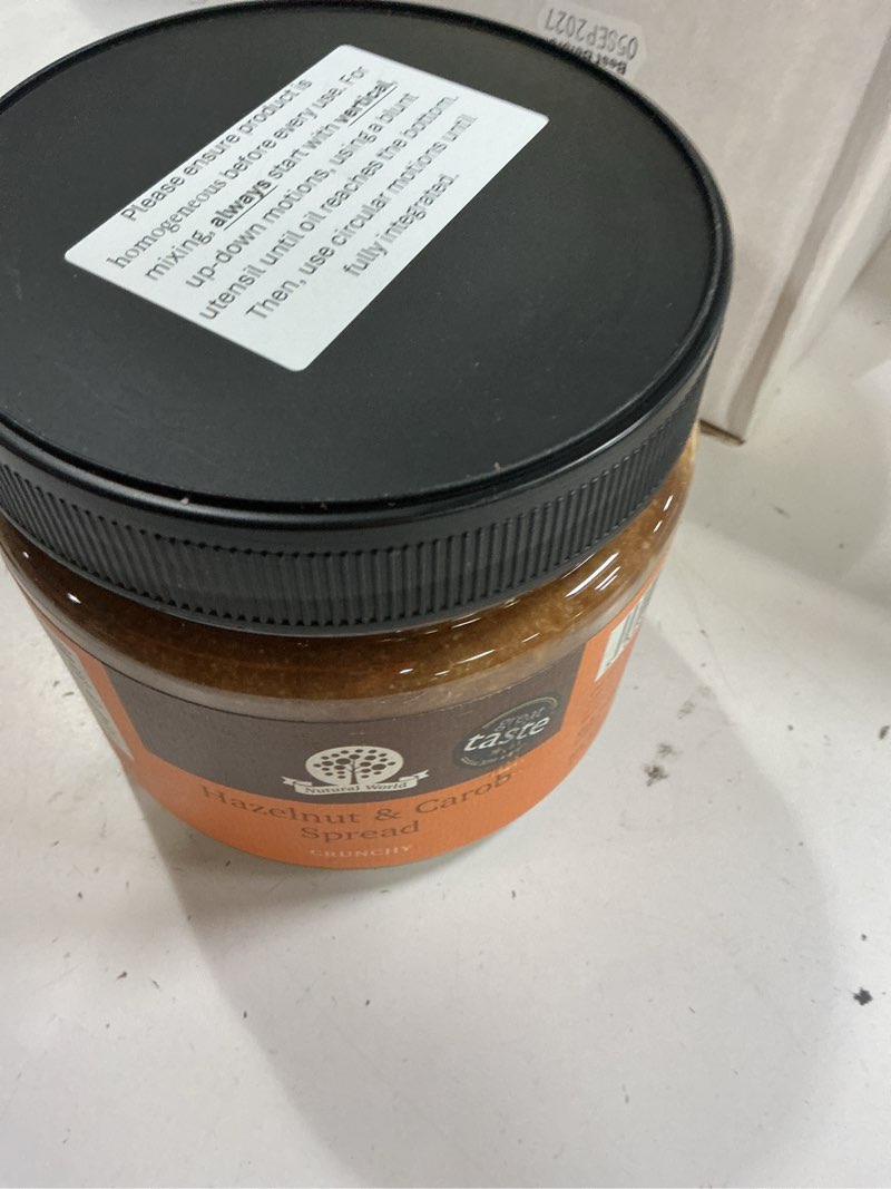 Condition photo showing New/Like New for ((best before/sep/13/2027))nutural world - smooth hazelnut and carob spread 35 oz (1kg) award winning product smooth 17 oz