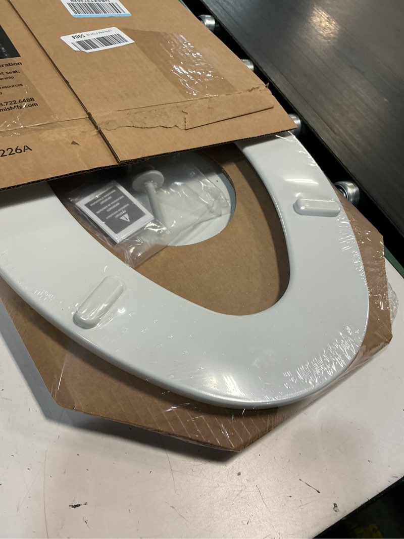 Condition photo showing New/Like New for church toilet seat, easy clean hinges release for deep cleans, durable enameled wood seat, elongated, white