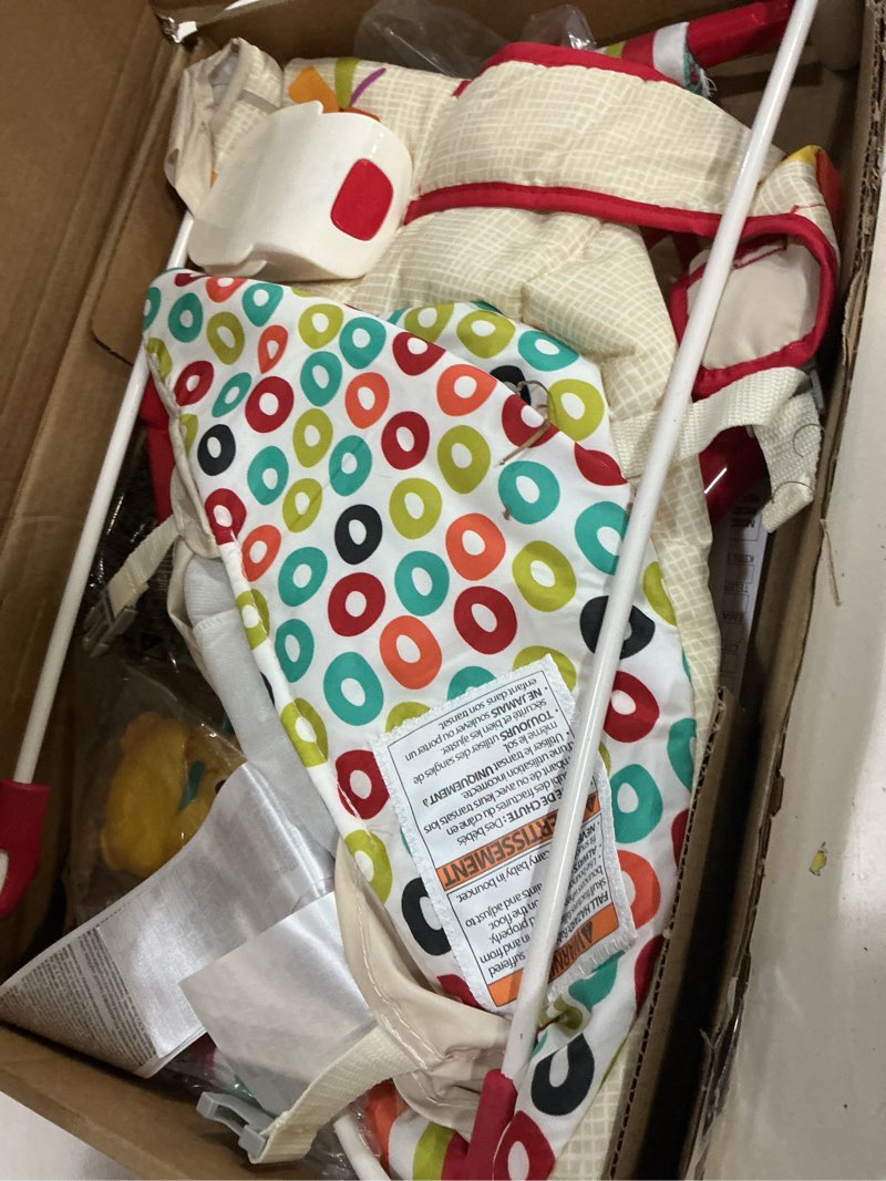 Condition photo showing As Is for bright starts portable baby bouncer soothing vibrations infant seat with removable-toy-bar, 0-6 months 6-20 lbs (playful pinwheels)