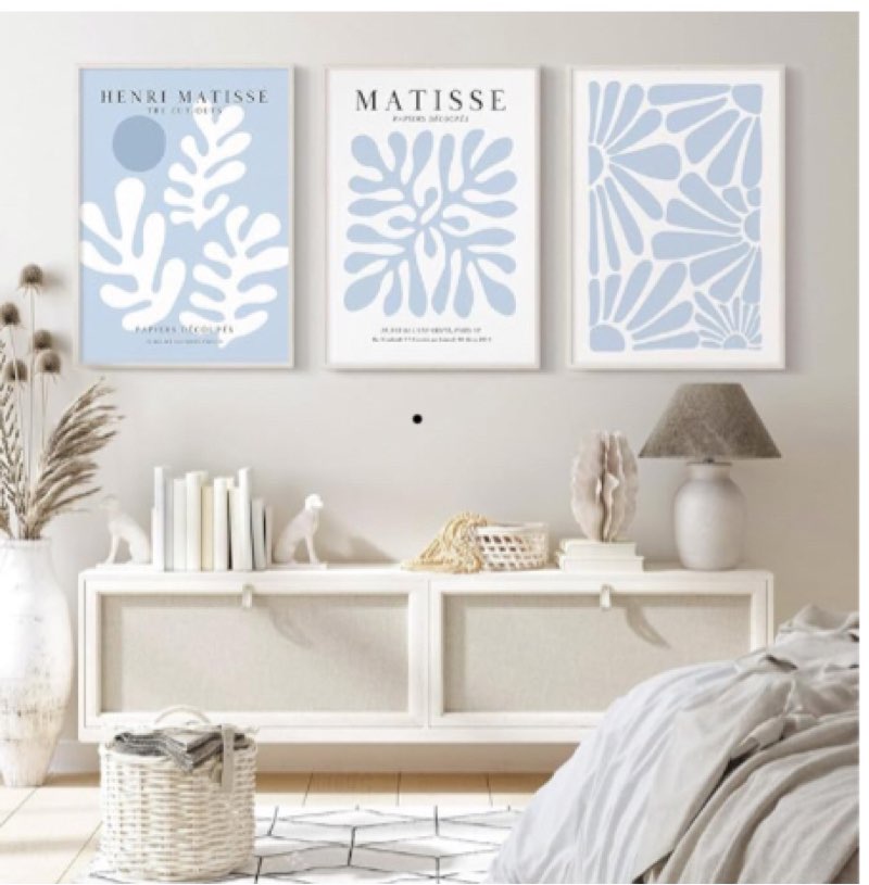 3Pcs Framed 16x24in Blue Matisse Wall Art Canvas Boho Flower Minimalist Plant Leaves Painting Abstra