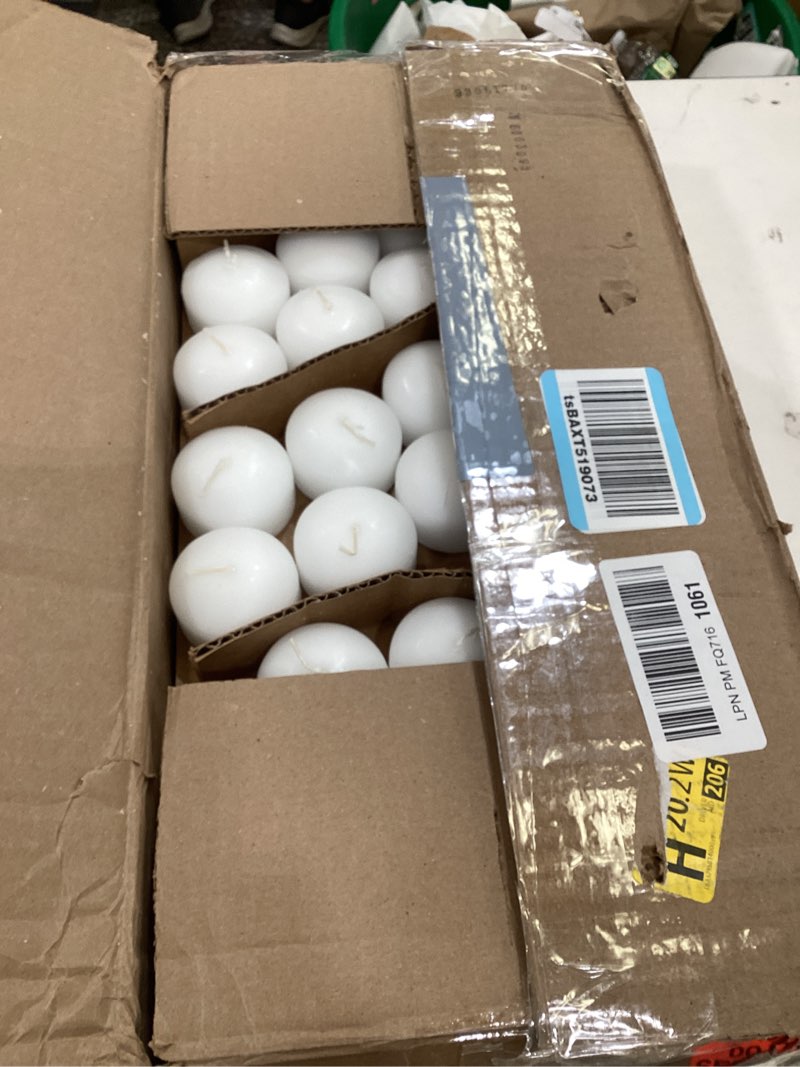 Condition photo showing As Is for royal imports 10 hour floating candles, 3” white unscented dripless wax discs, for cylinder vases, centerpieces at wedding, party, pool, holiday (72 set)