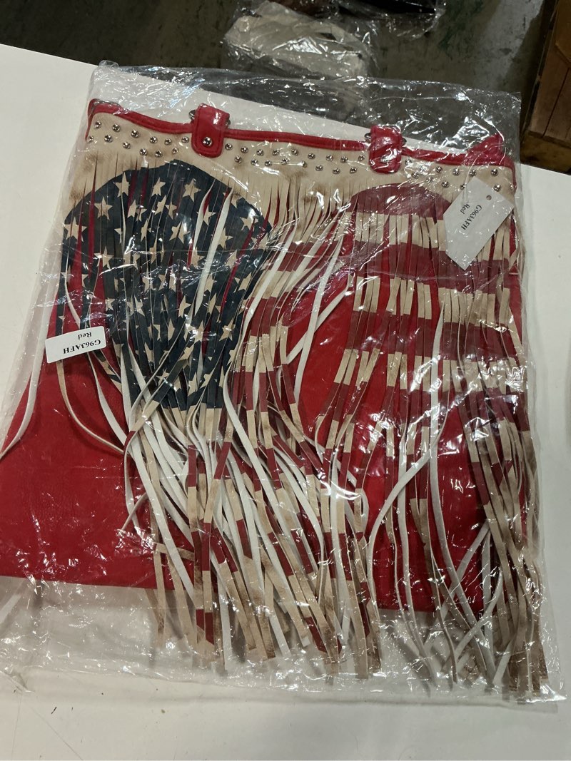 Condition photo showing New/Like New for red white and blue heart american flag fringe rhinestone wallet(strap included)
