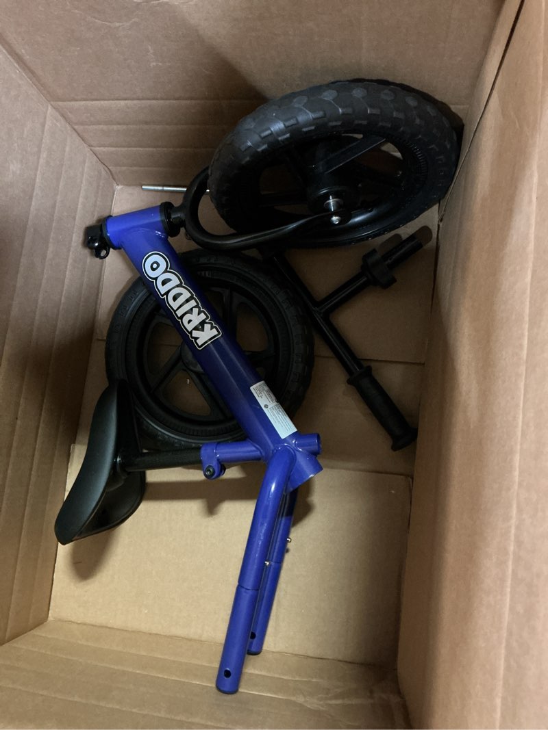 Condition photo showing As Is for kriddo toddler balance bike 2 year old, age 18 months to 5 years old, 12 inch push bicycle with customize plate (3 sets of stickers included), steady balancing, gift bike for 2-3 boys girls, blue