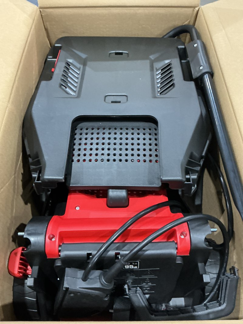 Condition photo showing As Is for ework corded electric lawn mower 14-inch, 11amp electric push mower with 30l collection bag, 4-height adjustment, lightweight lawnmower for garden, yard ac - red