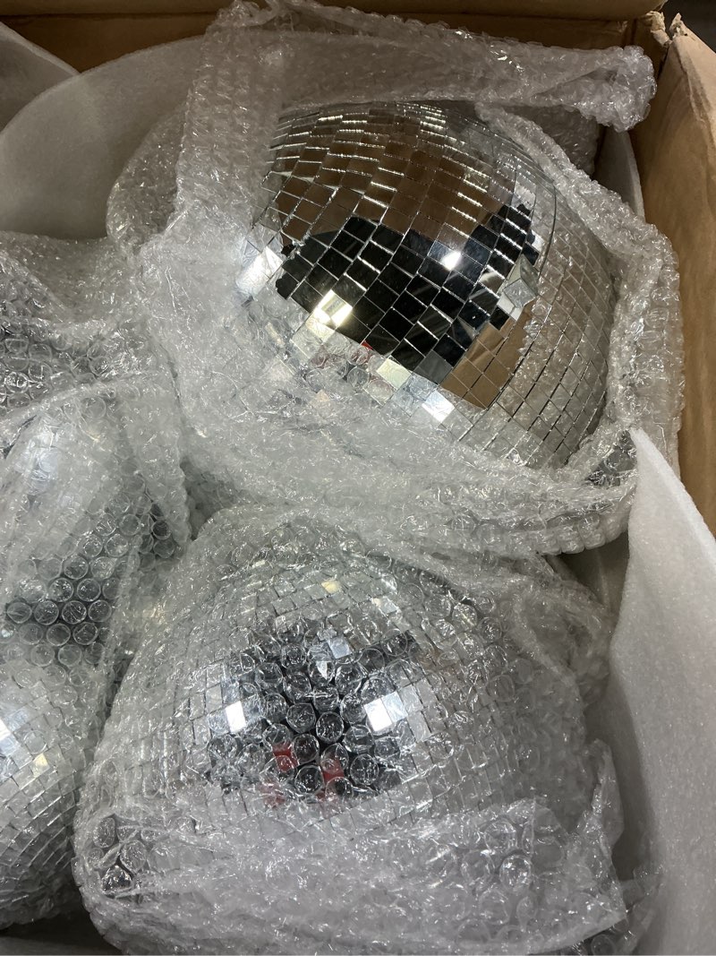 Condition photo showing As Is for Haull 8 Pcs Large Disco Ball Set Silver Mirror Disco Reflective Ball with Hanging Ring Party Ornament Decoration for Stage Club Ballroom Dance Hall Wedding Prom Props(12'', 8'', 6'', 4'')