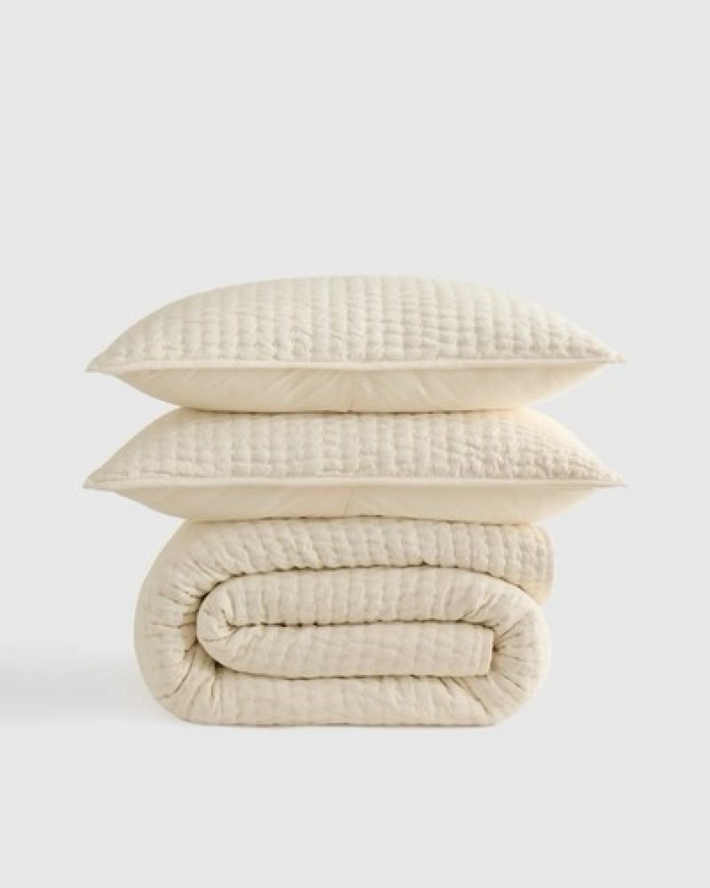 quince king cal king organic cotton handstitched quilt  king color ivory(3 pcs)