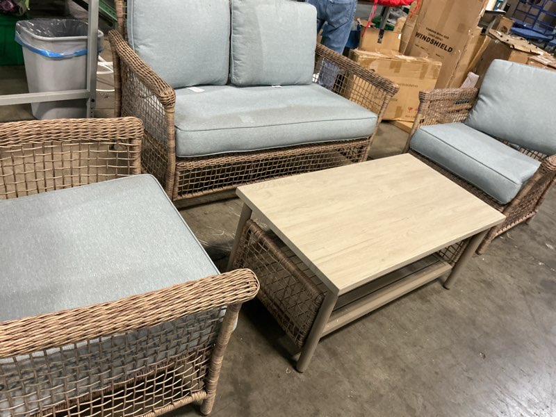 Condition photo showing Good Condition for allen + roth ivy meadows 4-piece patio conversation set with blue cushions collection