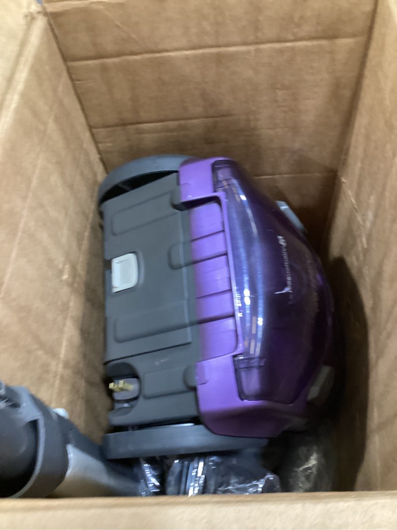 Condition photo showing As Is for kenmore 600 series pet friendly lightweight bagged canister vacuum with pet powermate, pop-n-go brush, 2 motors, hepa filter, aluminum telescoping wand, retractable cord and 4 cleaning tools, purple