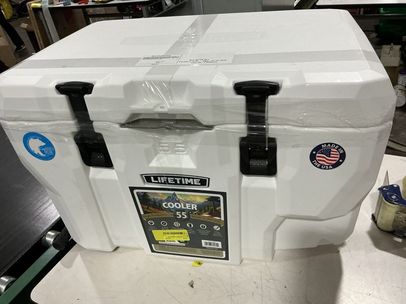 Condition photo showing As Is for lifetime 55 quart high performance wheeled cooler, arctic white (91072)