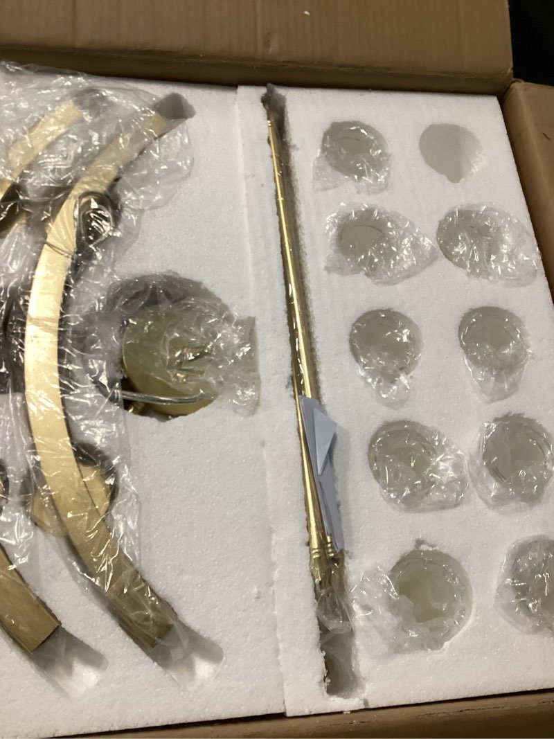 Condition photo showing As Is for 27d gold wheel chandelier 8 light round metal pendant light with clear glass shades for dining room kitchen living room industrial farmhouse lighting fixture 24in-8light