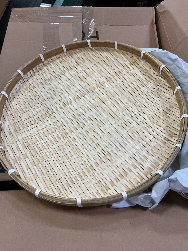 Condition photo showing Good Condition for kichvoe bamboo basket tray - handmade woven round food bread basket fruit container - shallow vegetables snacks serving tray farmhouse wall hanging decor- 16.5inch