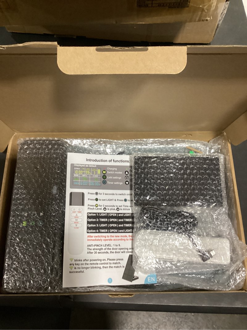 Condition photo showing New/Like New for Automatic Chicken Coop Door Solar Powered with Programmable Remote, 4 Modes Combo Light and Timer Aluminum Chicken Door with LCD Color Display